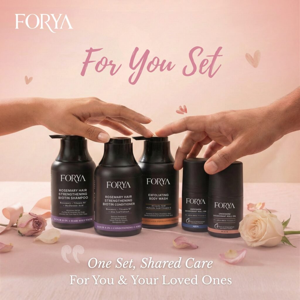 FORYA – For You Set (Shampoo + Conditioner + Exfoliating Body Wash + Peach & Aqua Roll On)