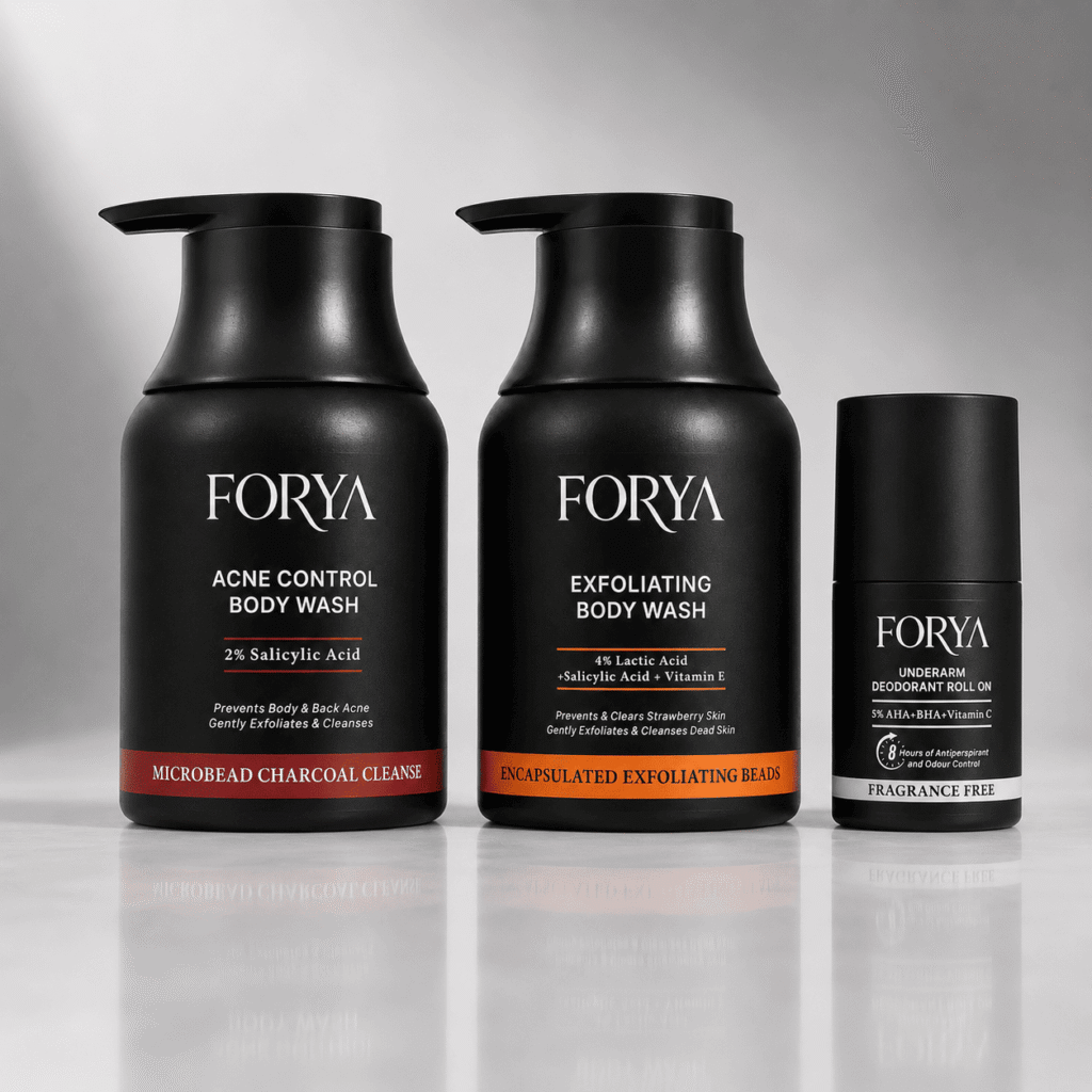 Forya “Monsoon Defence Kit” | Exfoliating Body Wash, Acne Control Body Wash & Fragrance Free Roll On