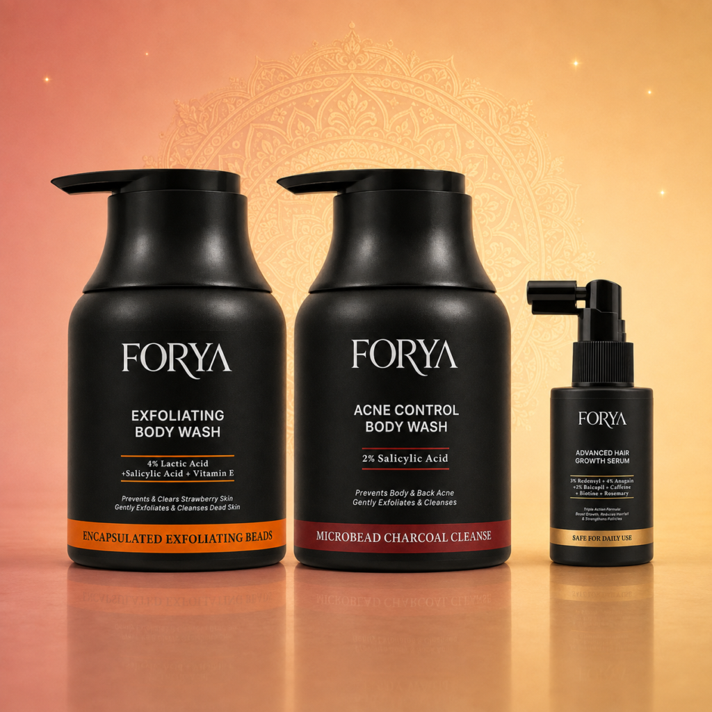 Forya “Gift Him” Rakhi Gift Set | Exfoliating Body Wash, Acne Body Wash & Hair Growth Serum