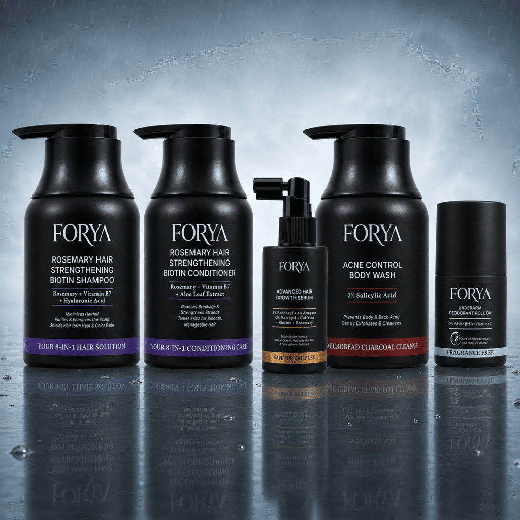Forya “Complete Monsoon Kit” | Shampoo, Conditioner, Hair Growth Serum, Acne Body Wash & Fragrance Free Roll On