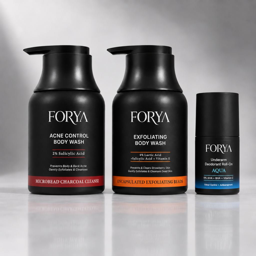 Forya “Monsoon Defence Kit” | Exfoliating Body Wash, Acne Control Body Wash & Aqua Roll On
